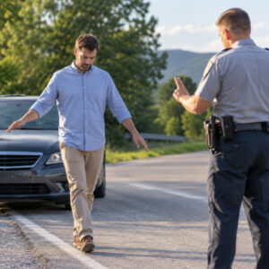 Sober driver performing a roadside field sobriety test while a police officer observes during a South Carolina DUI investigation.