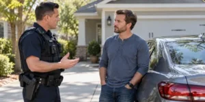 A police officer speaks with a driver beside a parked car in a South Carolina residential driveway.