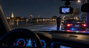 A dash camera records a nighttime DUI traffic stop as an officer speaks with a driver.