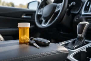 An unlabeled prescription medication bottle and car keys rest inside a parked vehicle.