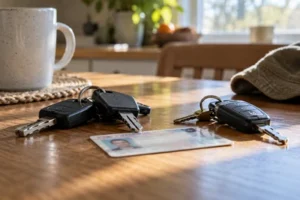 Car keys and a commercial driver license rest on a table.