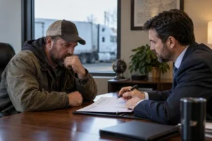 A commercial driver discusses paperwork with a DUI attorney.