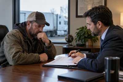 A commercial driver discusses paperwork with a DUI attorney.