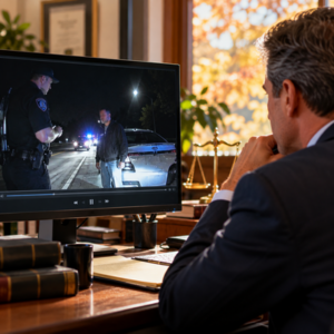 A defense lawyer reviews police body-camera video of a roadside DUI stop on a computer.