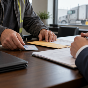 Commercial driver reviewing license and citation papers with counsel