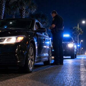 An officer speaks with a driver beside a parked vehicle during a South Carolina DUI investigation.