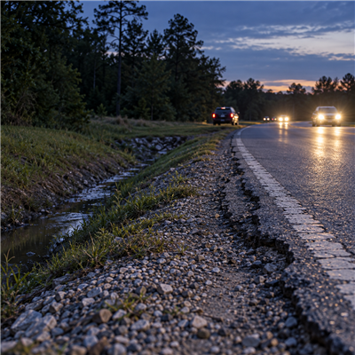 Uneven gravel shoulder and drainage slope beside a South Carolina road at dusk, with passing headlights in the distance.