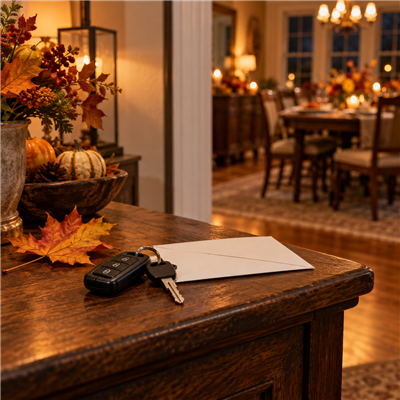 Car keys and a blank envelope on a table near a softly lit Thanksgiving dining room.