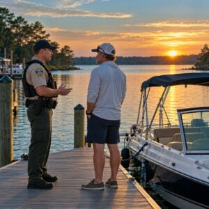 A marine patrol officer speaks with a recreational boater on a calm South Carolina lake.