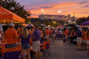 Fans at a Clemson football tailgate in a parking lot near the stadium at sunset.