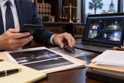 A DUI lawyer reviews traffic-stop video, photographs, and car keys at an office desk.